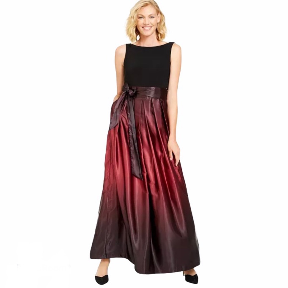 SLNY Ombre Satin Bow Sash Gown w/ Pockets